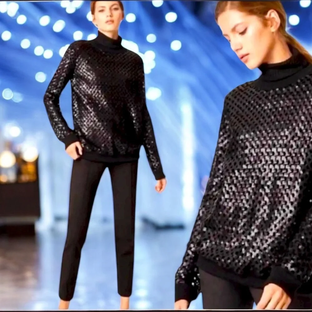 Tory Burch Black Sequin‎ Pullover Sweater Size Small Luxe Party Top